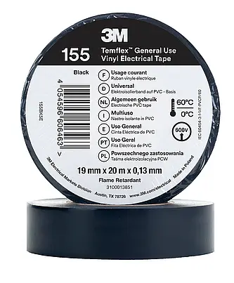3M Temflex Vinyl-Isolierband 155, Schwarz, 19 mm x 20 m