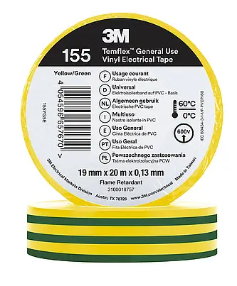 3M Temflex Vinyl-Isolierband 155, Grün/Gelb, 19 mm x 20 m